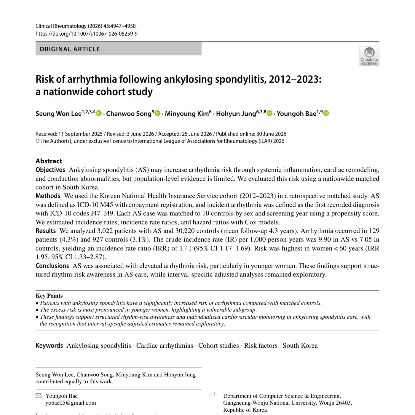 Risk of arrhythmia following ankylosing spondylitis, 2012–2023: a nationwide cohort study 첫 면
