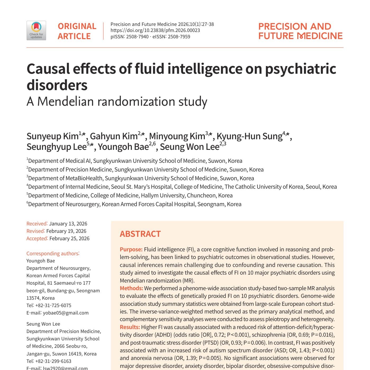 Causal effects of fluid intelligence on psychiatric disorders: a Mendelian randomization study 첫 면