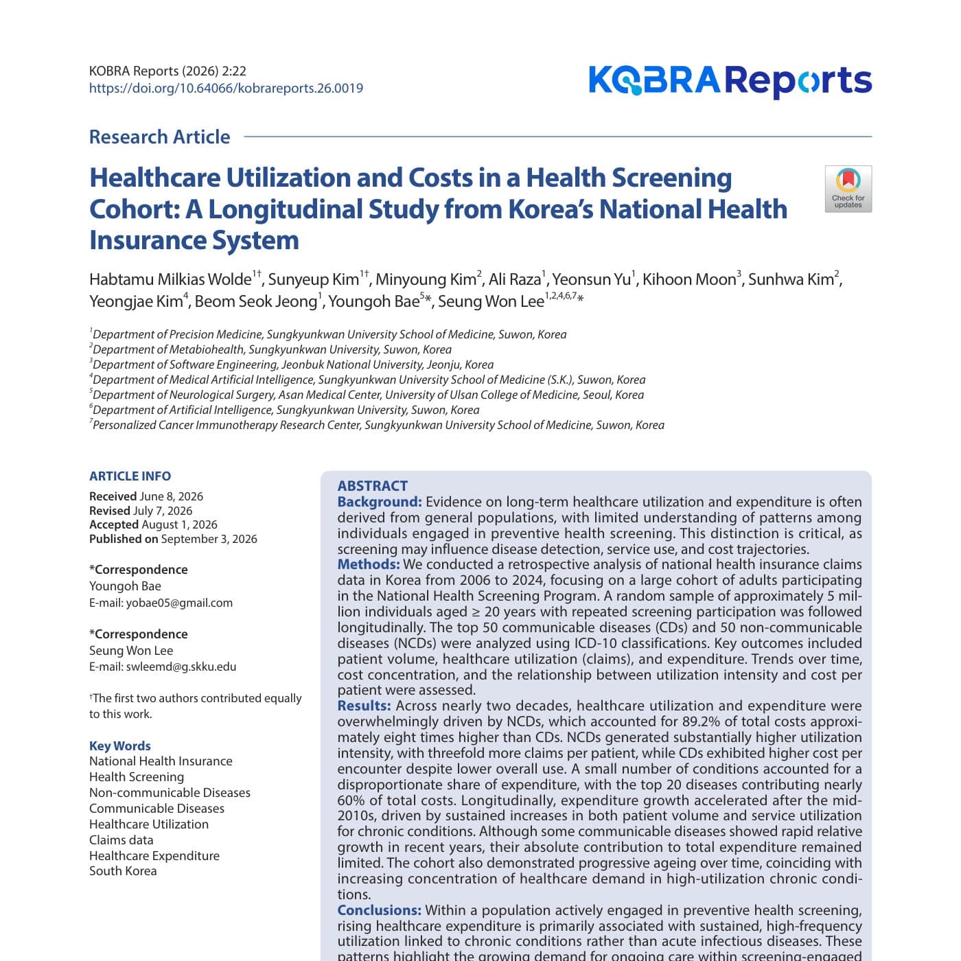 Healthcare Utilization and Costs in a Health Screening Cohort: A Longitudinal Study from Korea's National Health Insurance System 첫 면
