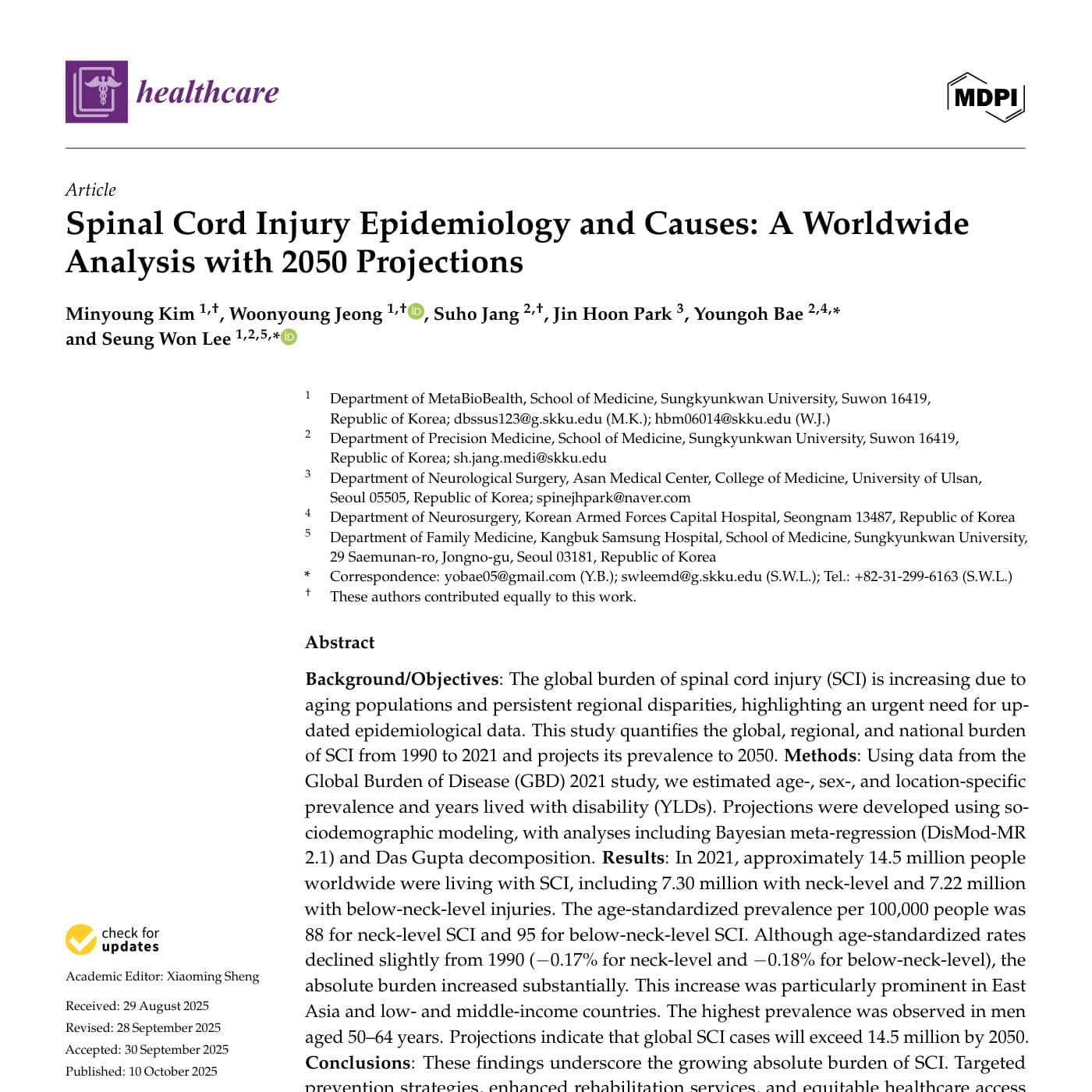 Spinal Cord Injury Epidemiology and Causes: A Worldwide Analysis with 2050 Projections 첫 면