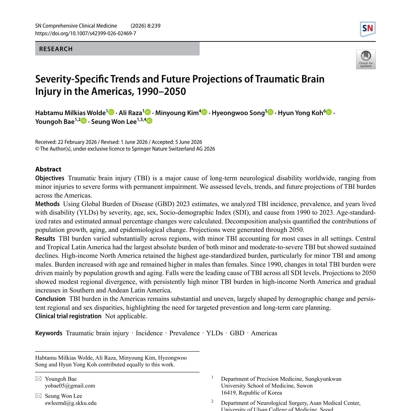 Severity-Specific Trends and Future Projections of Traumatic Brain Injury in the Americas, 1990–2050 첫 면